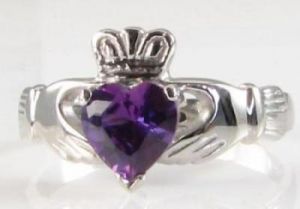 CLASS 9K 9CT WHITE GOLD AFRICAN  AMETHYST CLADDAGH HEART ART DECO INS RING